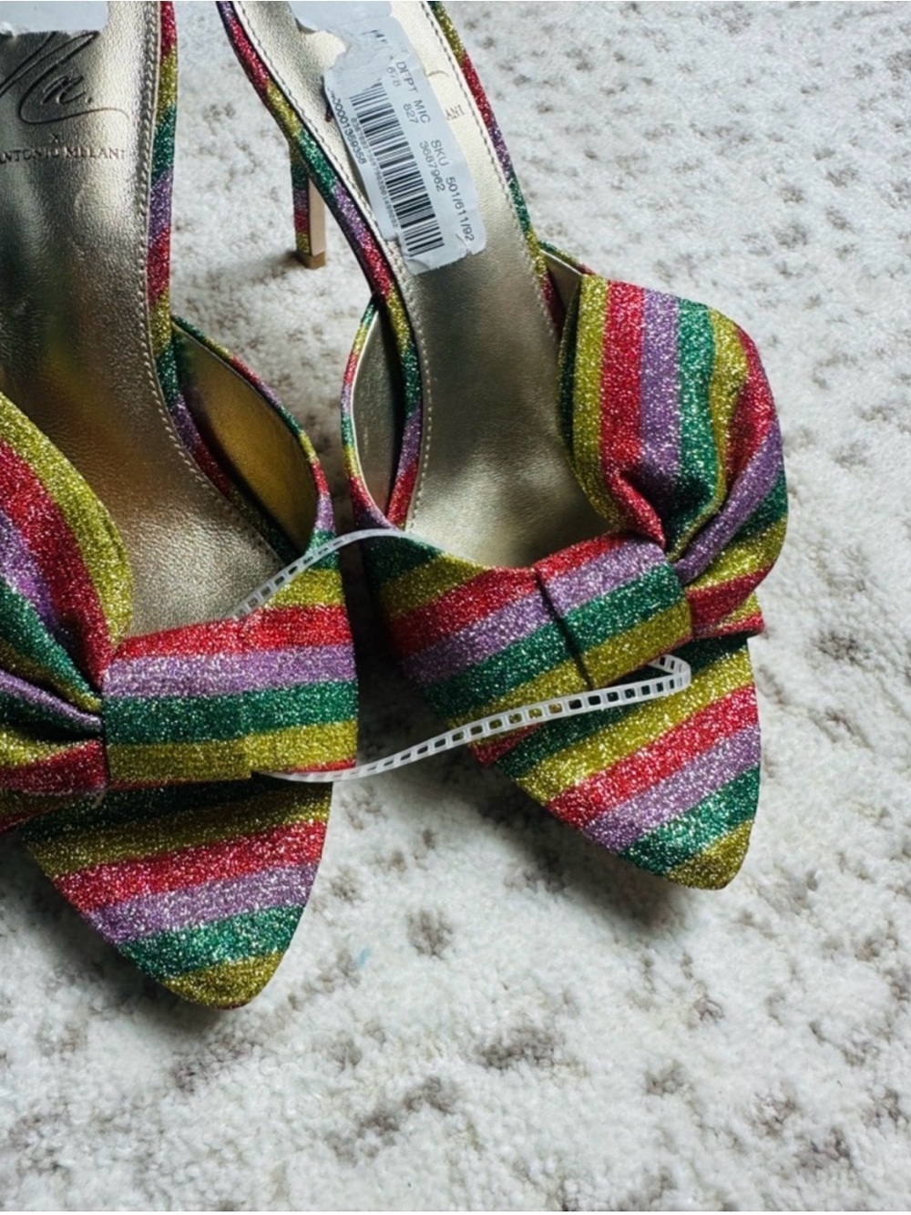 ANTONIO MELANI Rainbow Striped Bow Pointed Heels- Multicolor Glitter - Picture 7 of 14